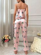 Pink Butterfly Satin 2Pcs Sleepwear & Loungewear Pyjamas Set For Women