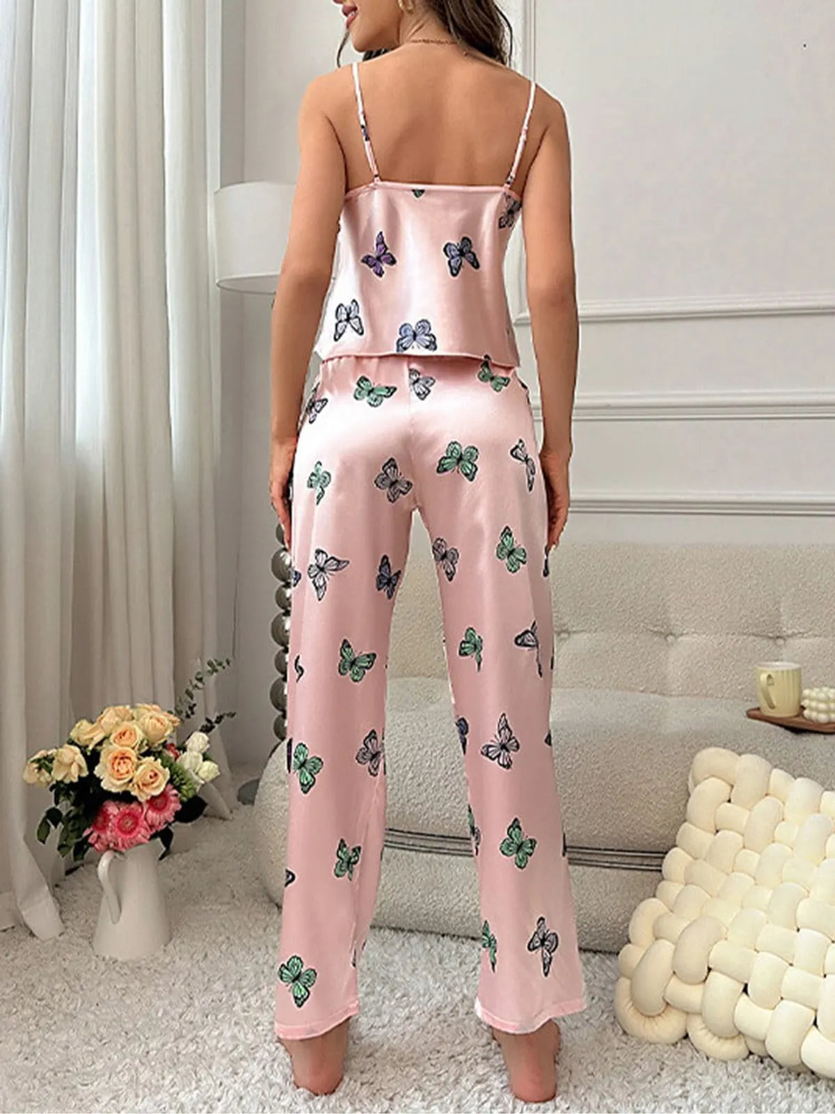 Pink Butterfly Satin 2Pcs Sleepwear & Loungewear Pyjamas Set For Women