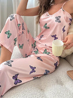Pink Butterfly Satin 2Pcs Sleepwear & Loungewear Pyjamas Set For Women