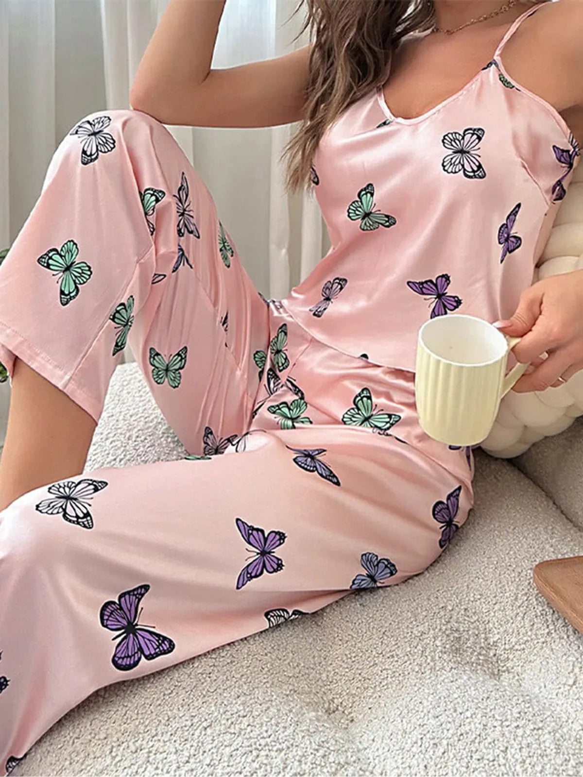 Pink Butterfly Satin 2Pcs Sleepwear & Loungewear Pyjamas Set For Women