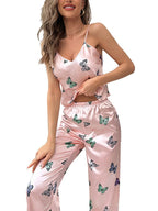 Pink Butterfly Satin 2Pcs Sleepwear & Loungewear Pyjamas Set For Women