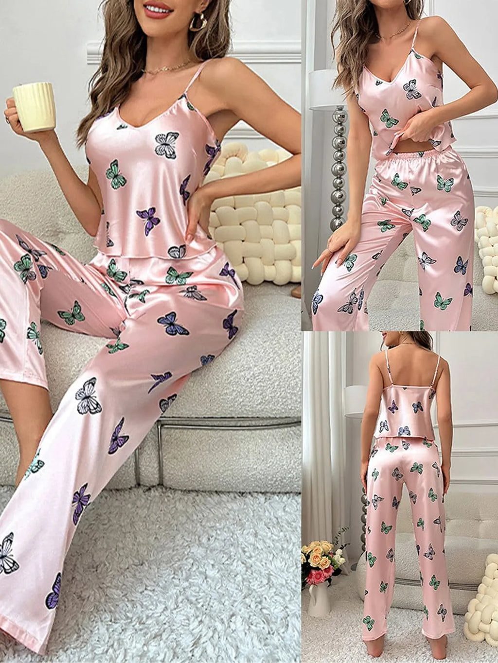 Pink Butterfly Satin 2Pcs Sleepwear & Loungewear Pyjamas Set For Women