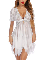 White Chemise V Neck Mesh Sleepwear Sling Dress Sexy Babydoll Lingerie