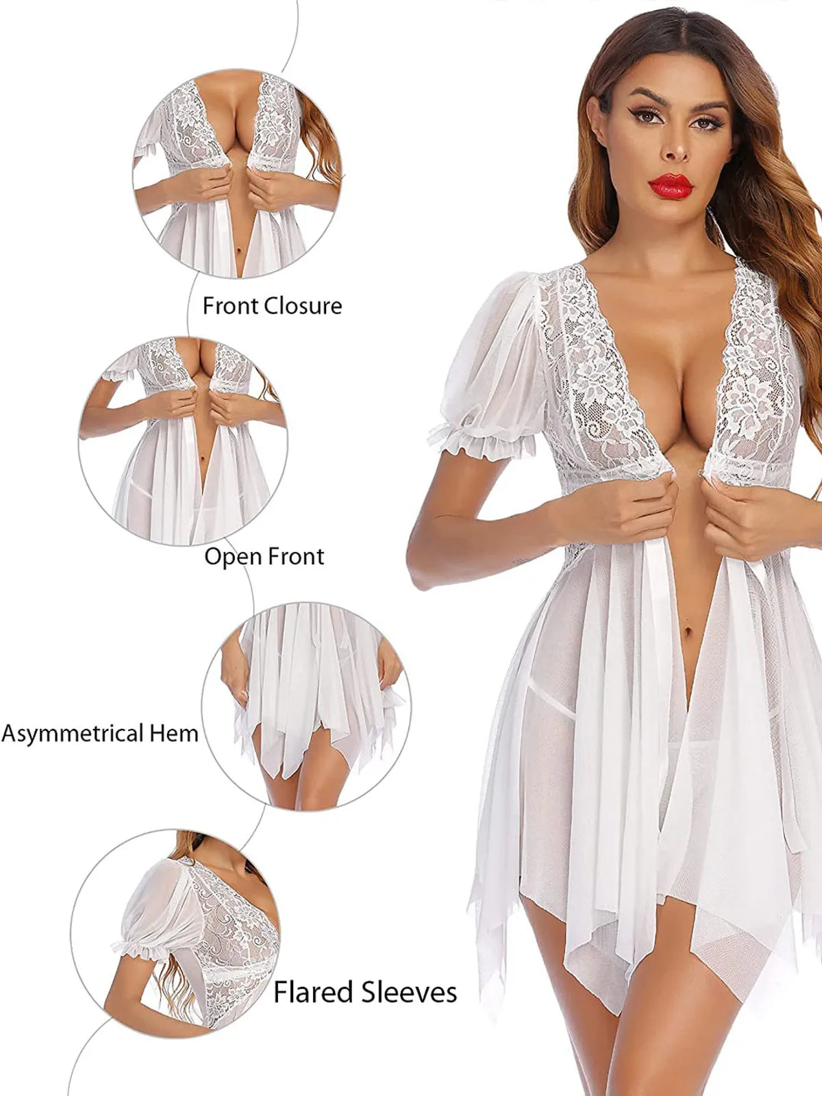 White Chemise V Neck Mesh Sleepwear Sling Dress Sexy Babydoll Lingerie