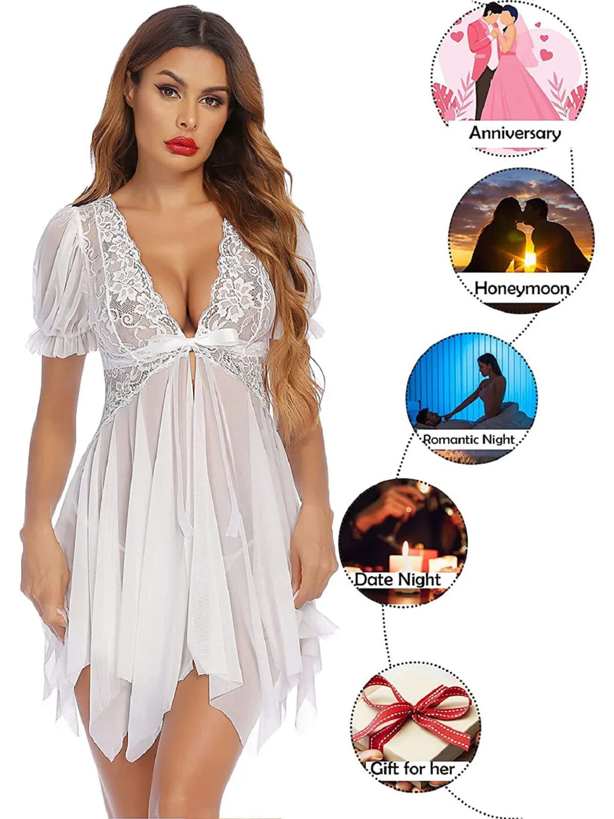 White Chemise V Neck Mesh Sleepwear Sling Dress Sexy Babydoll Lingerie