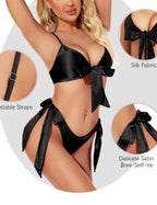 Black Women Sexy Lingerie Set Satin Bow Tie 2 Piece Bra and Panty Sets