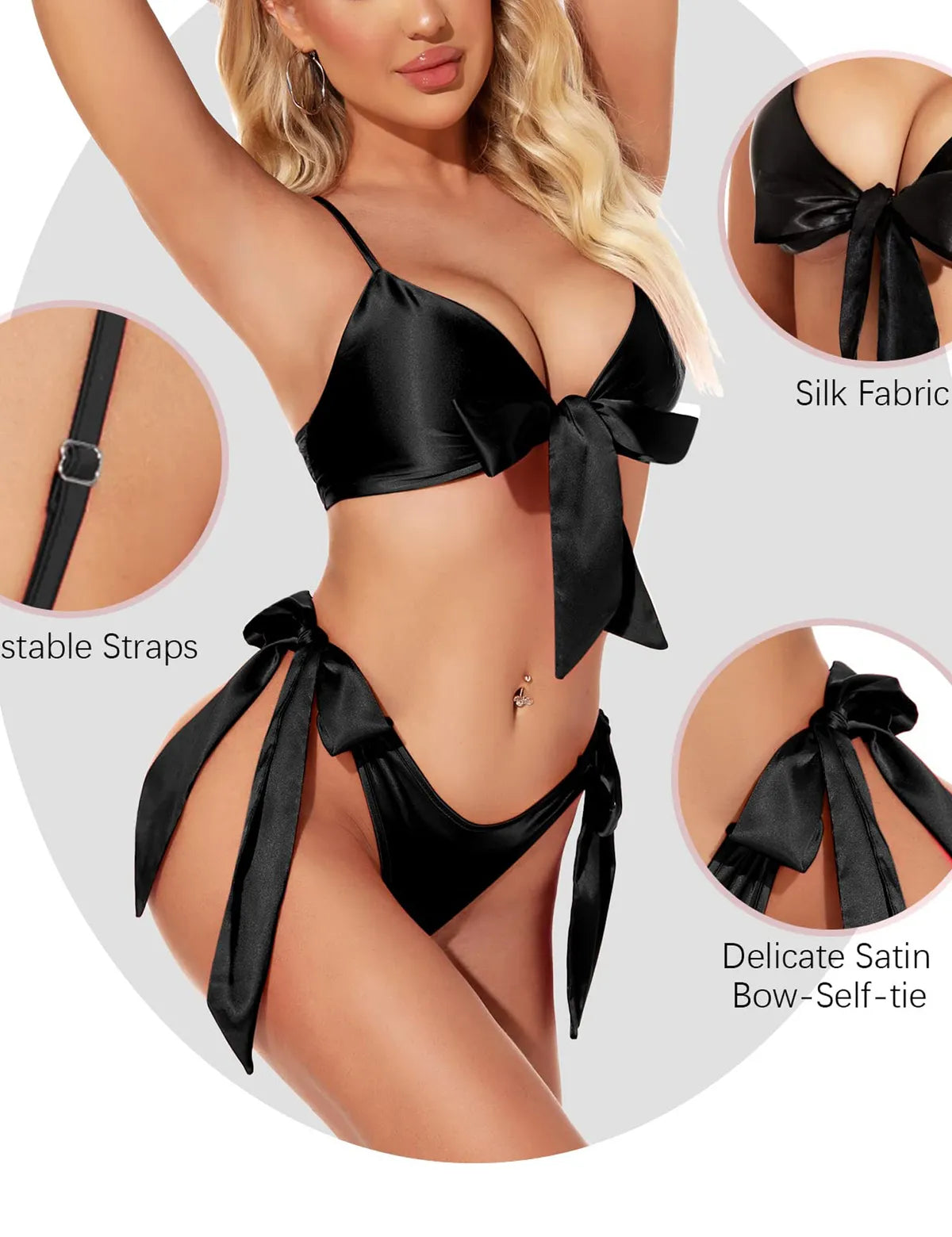 Black Women Sexy Lingerie Set Satin Bow Tie 2 Piece Bra and Panty Sets