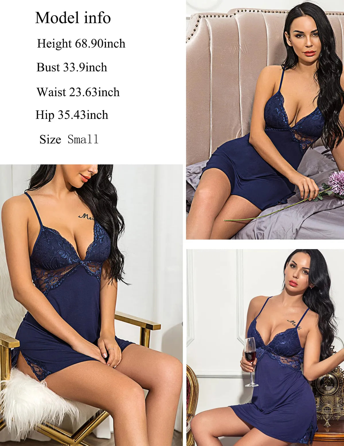 Navy Blue  Polyester Blend Floral Above The Knee Nightdress For Women