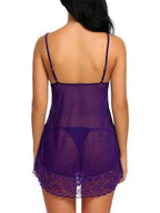 Purple Polyester Spandex & Lace Floral Babydoll Sleepwear Chemise V Neck Lingerie