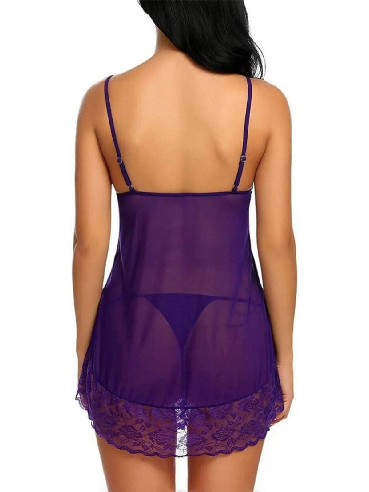 Purple Polyester Spandex & Lace Floral Babydoll Sleepwear Chemise V Neck Lingerie
