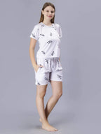 White Women's Premium Satin Nightsuit Set - Soft Short Sleeve Top and Cozy Elastic Waist Shorts in Pastel Tie-Dye Print, Perfect for Comfortable Sleepwear and Relaxed Home Lounging