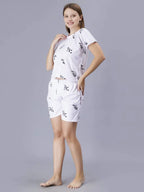White Women's Premium Satin Nightsuit Set - Soft Short Sleeve Top and Cozy Elastic Waist Shorts in Pastel Tie-Dye Print, Perfect for Comfortable Sleepwear and Relaxed Home Lounging