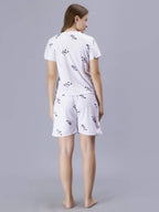 White Women's Premium Satin Nightsuit Set - Soft Short Sleeve Top and Cozy Elastic Waist Shorts in Pastel Tie-Dye Print, Perfect for Comfortable Sleepwear and Relaxed Home Lounging