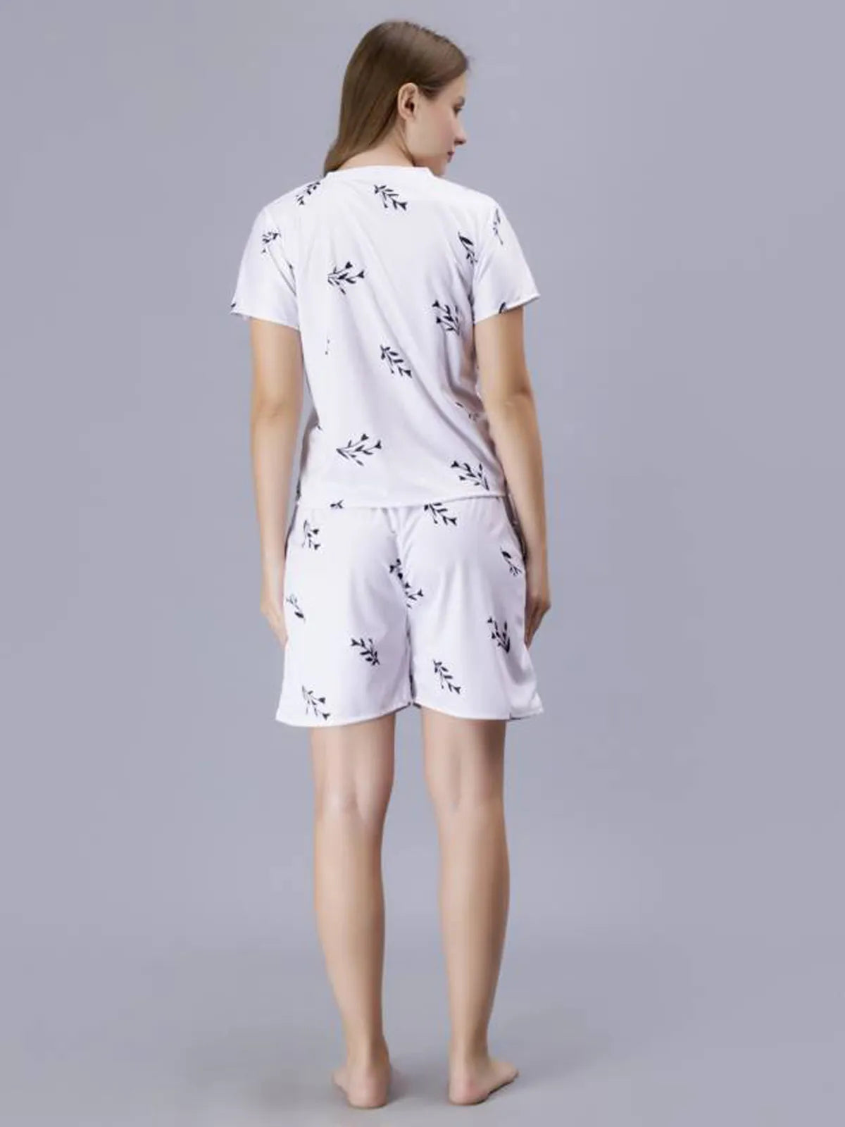 White Women's Premium Satin Nightsuit Set - Soft Short Sleeve Top and Cozy Elastic Waist Shorts in Pastel Tie-Dye Print, Perfect for Comfortable Sleepwear and Relaxed Home Lounging