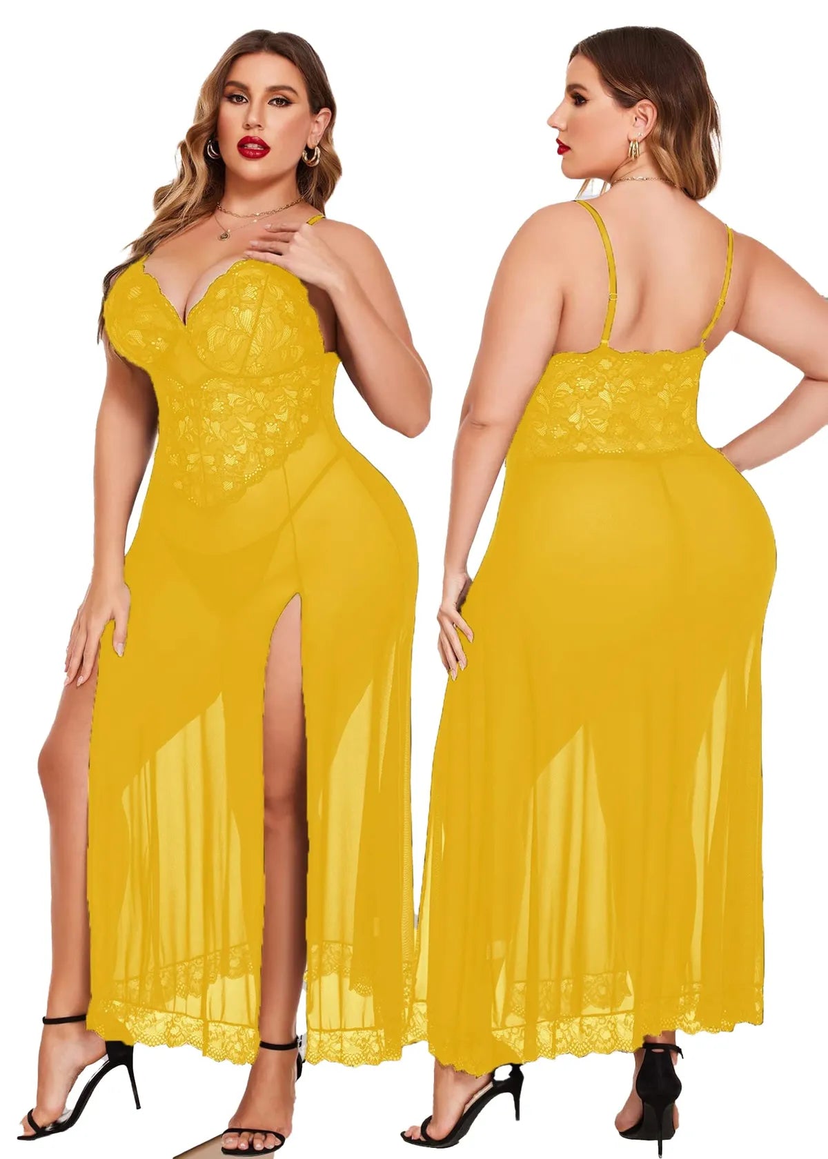 Mustard Lace Floral Maxi Length Bodysuit For Women
