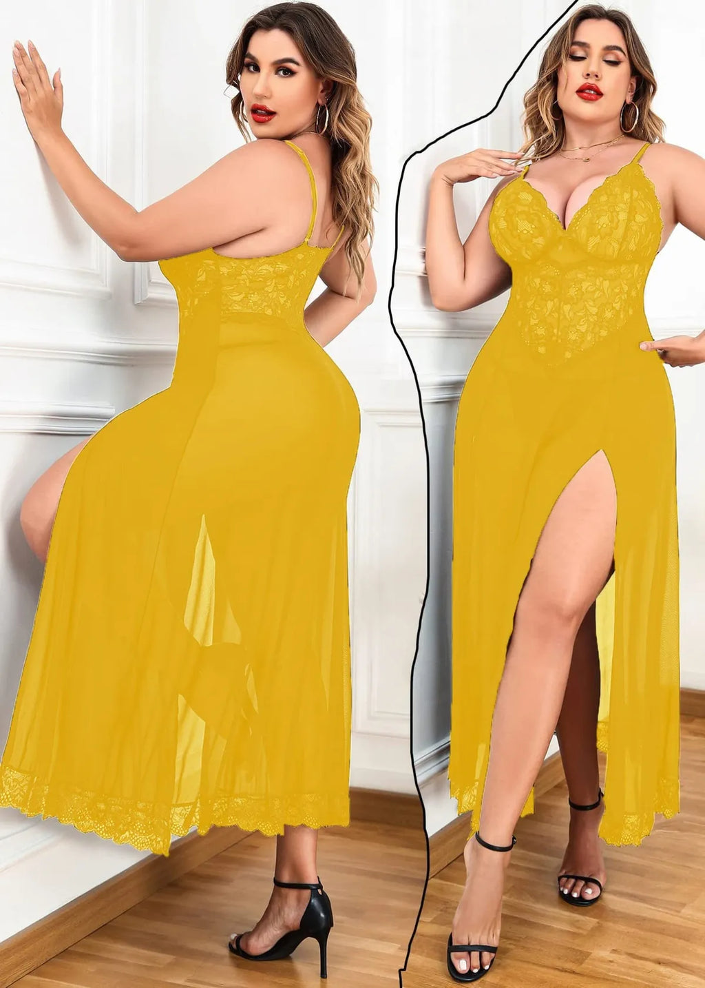 Mustard Lace Floral Maxi Length Bodysuit For Women