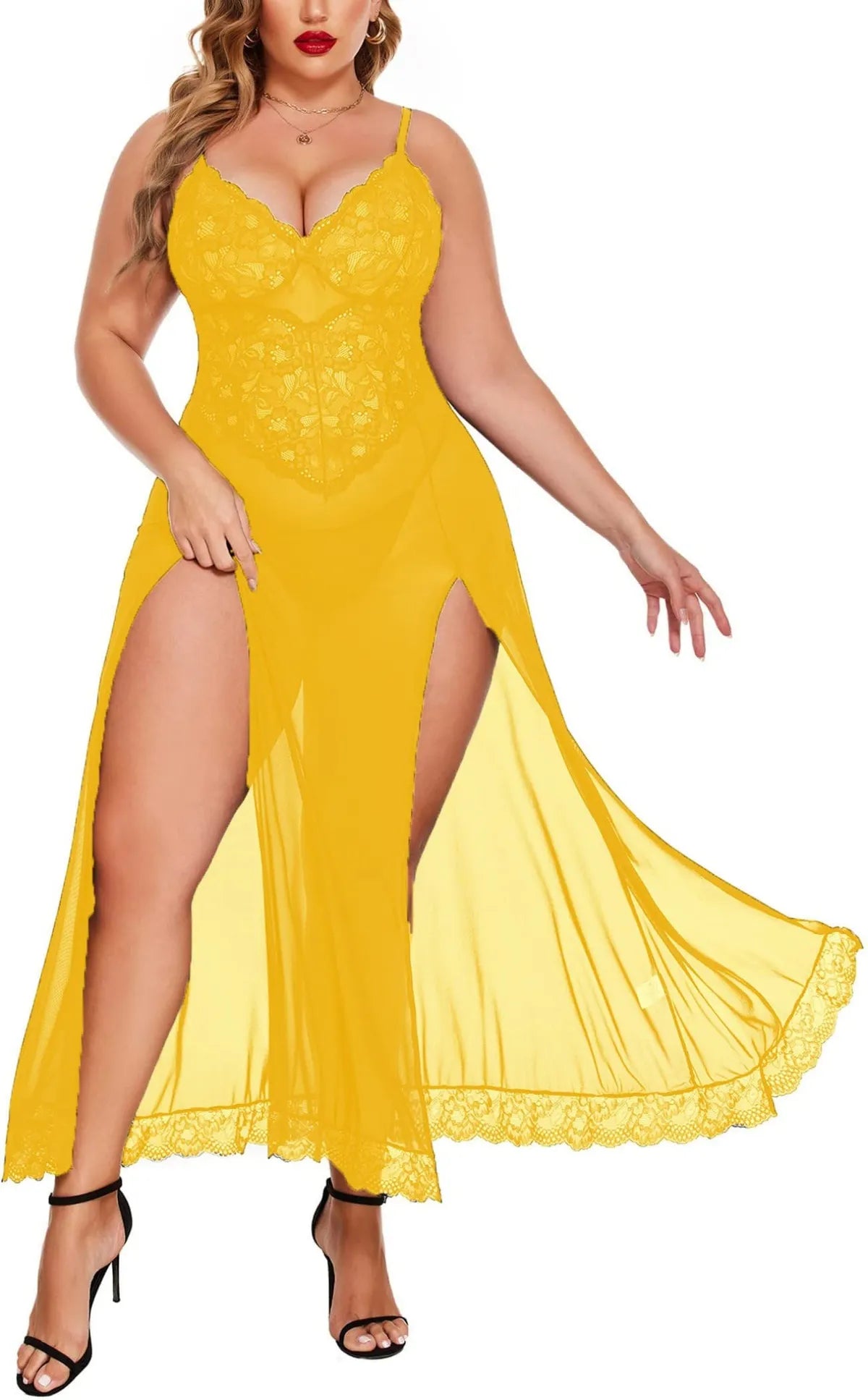 Mustard Lace Floral Maxi Length Bodysuit For Women