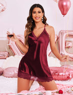 Maroon Lingerie Satin Lace Chemise Above The Knee Nightgown