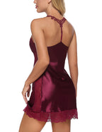 Maroon Lingerie Satin Lace Chemise Above The Knee Nightgown
