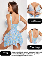 Blue Front Closure Babydoll V Neck Nightwear Sexy Chemise Above The Knee Nightie For Women
