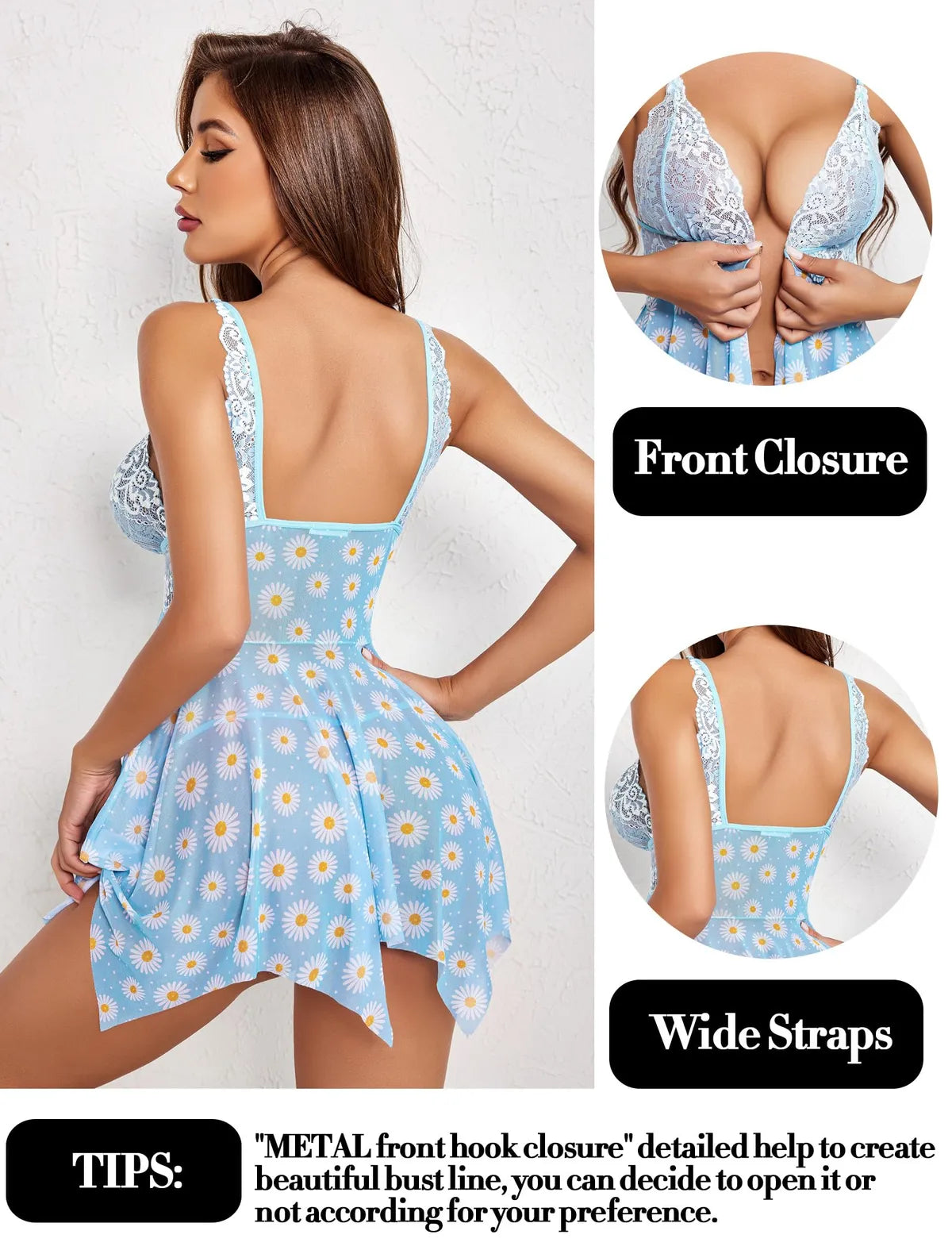 Blue Front Closure Babydoll V Neck Nightwear Sexy Chemise Above The Knee Nightie For Women
