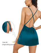 Turquoise Blue Satin Lace Chemise Maxi Night Gown Sexy Slit Sleepwear For Women
