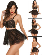Black Lingerie Lace Babydoll Mesh Above The Knee Nightwear Chemise Nightie