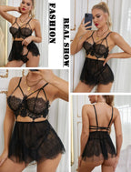 Black Lingerie Lace Babydoll Mesh Above The Knee Nightwear Chemise Nightie