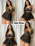 Black Lingerie Lace Babydoll Mesh Above The Knee Nightwear Chemise Nightie