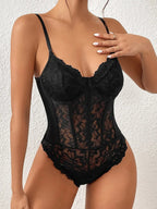 Black Floral Lace Sheer Mesh Corset Bodysuit Spaghetti Strap Cami Top For Women