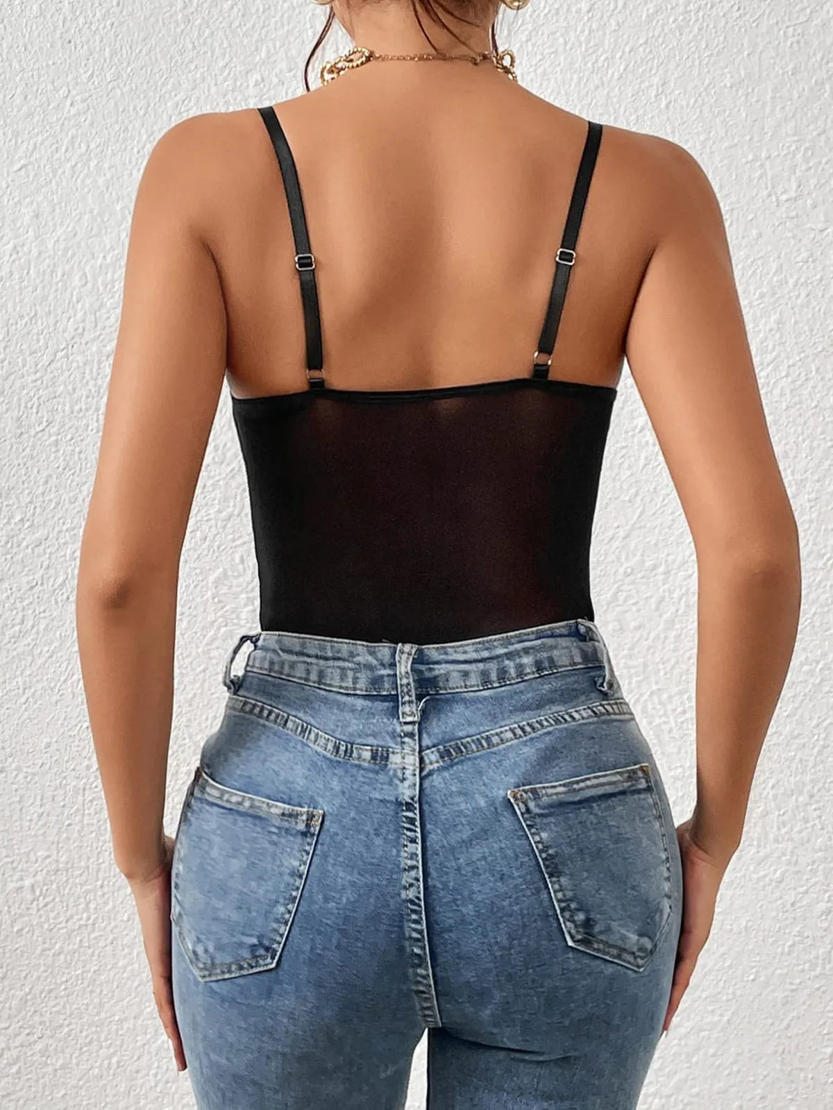 Black Floral Lace Sheer Mesh Corset Bodysuit Spaghetti Strap Cami Top For Women