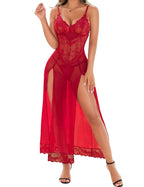 Red Babydoll High Split Maxi Long Gown V Neck Mesh Sleepwear Sexy Babydoll Lingerie