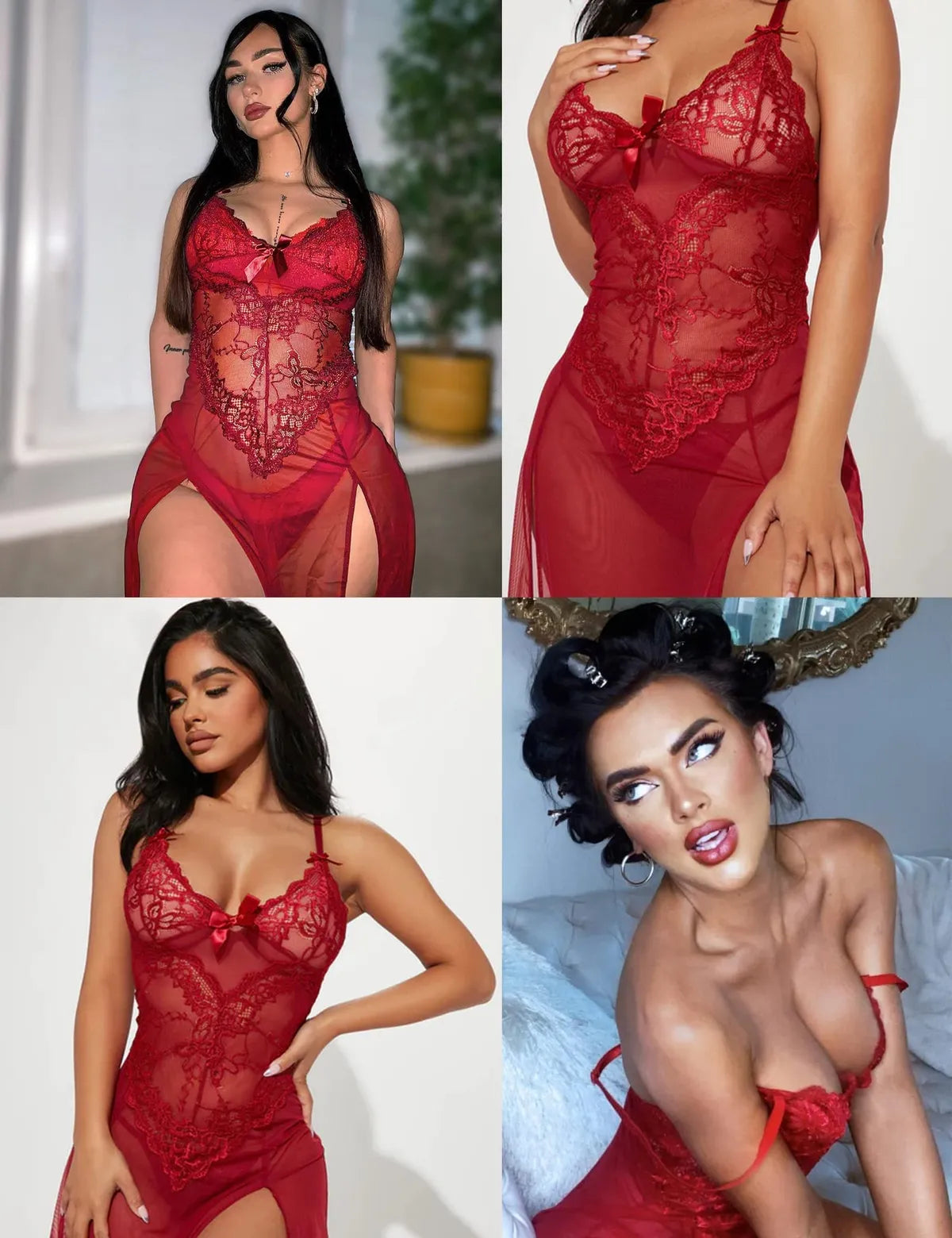 Red Babydoll High Split Maxi Long Gown V Neck Mesh Sleepwear Sexy Babydoll Lingerie