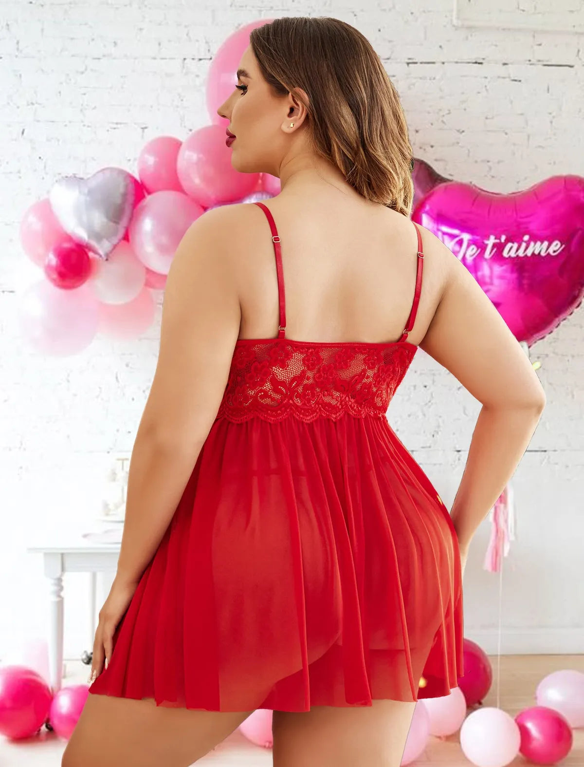 Red Plus Size Lingerie Lace Babydoll Womens Strap Chemise Nightgown V Neck Nighty