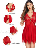Red Mesh Floral Above Knee Length Babydoll Lingerie
