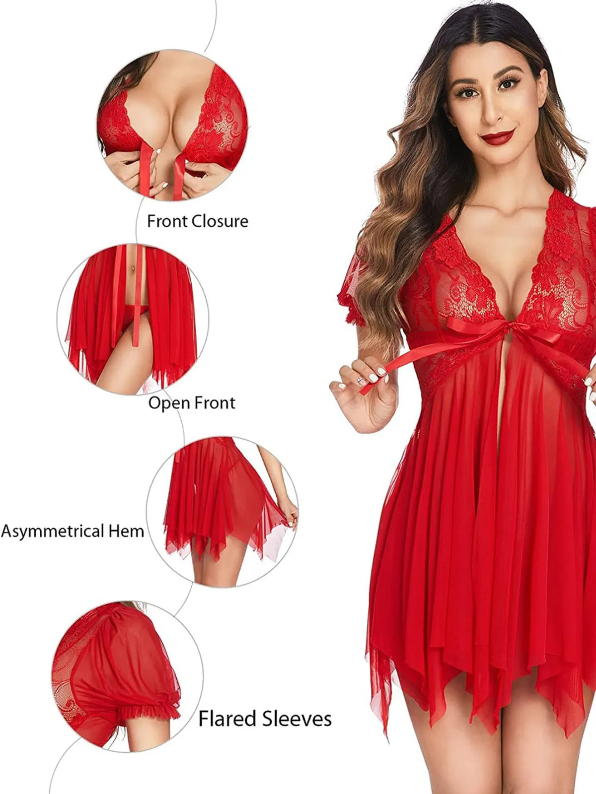 Red Mesh Floral Above Knee Length Babydoll Lingerie