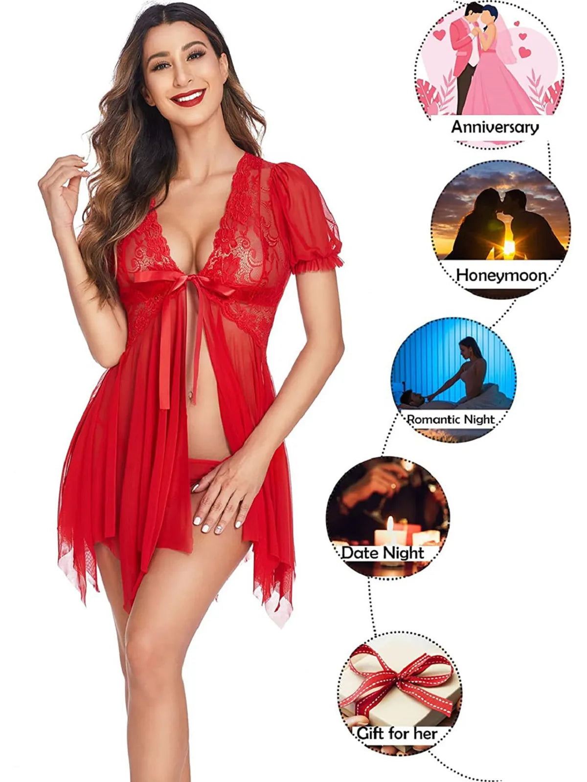 Red Mesh Floral Above Knee Length Babydoll Lingerie